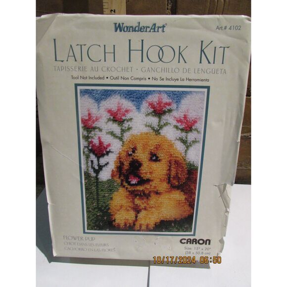 WINDERART FLOWER PUP LATCH HOOK KIT CARON PUPPY FLOWERS BLUE AND WHITE CLOUDS - Picture 1 of 5